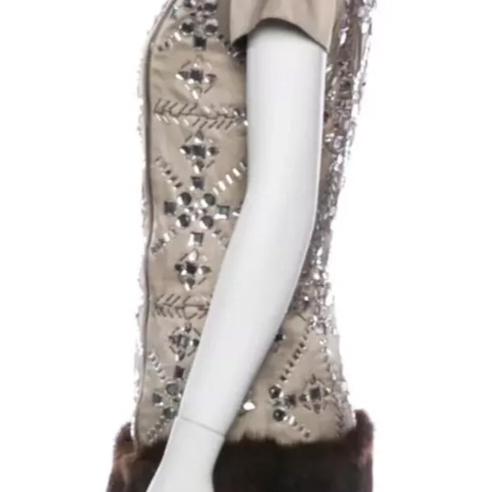 Moschino Couture Crystal Embellished Fur Trim Gold Zipper Dress USA 8 RHINESTONE - Picture 3 of 14